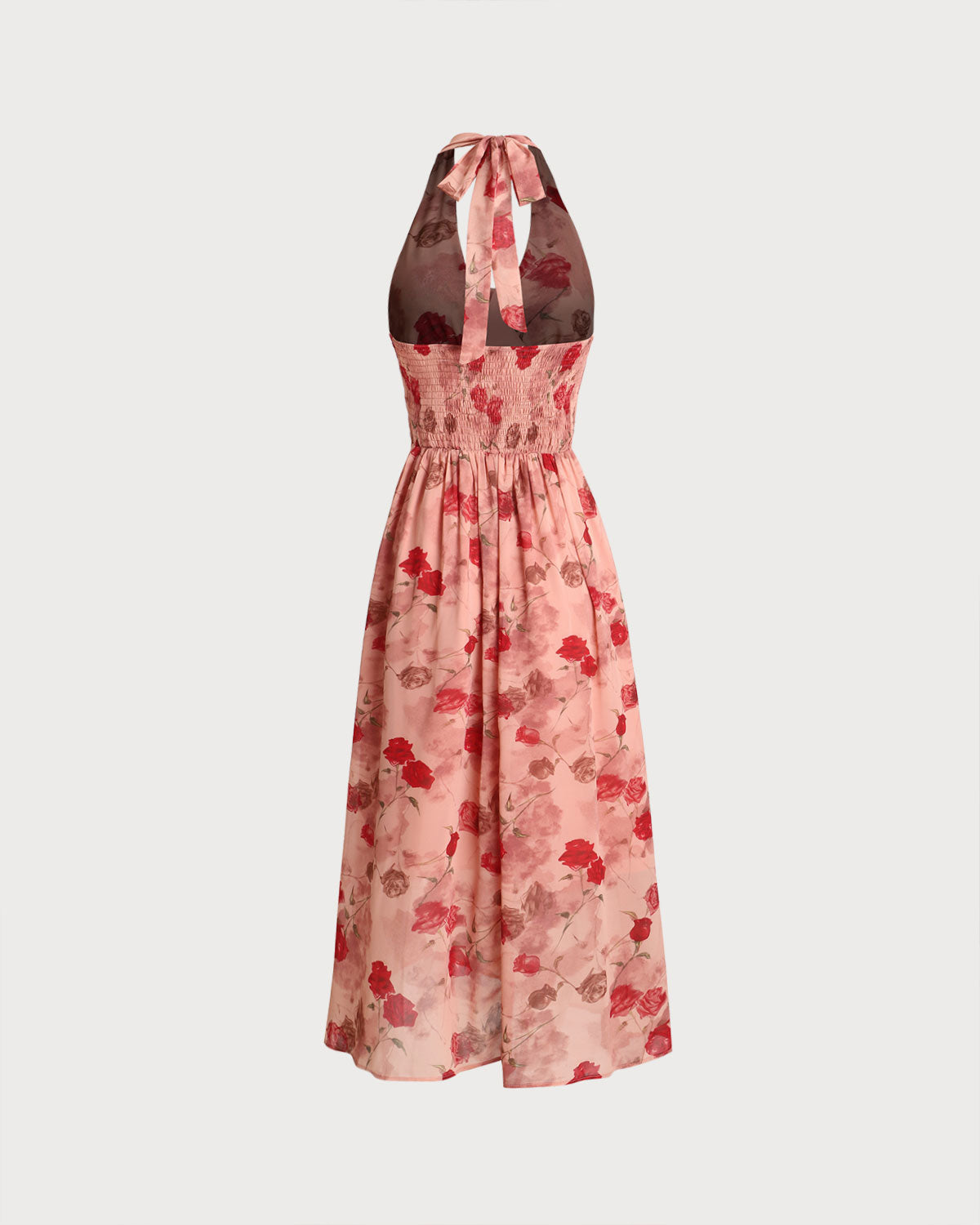 Kırmızı Çiçekli Büzgülü Askılı Maksi Elbise