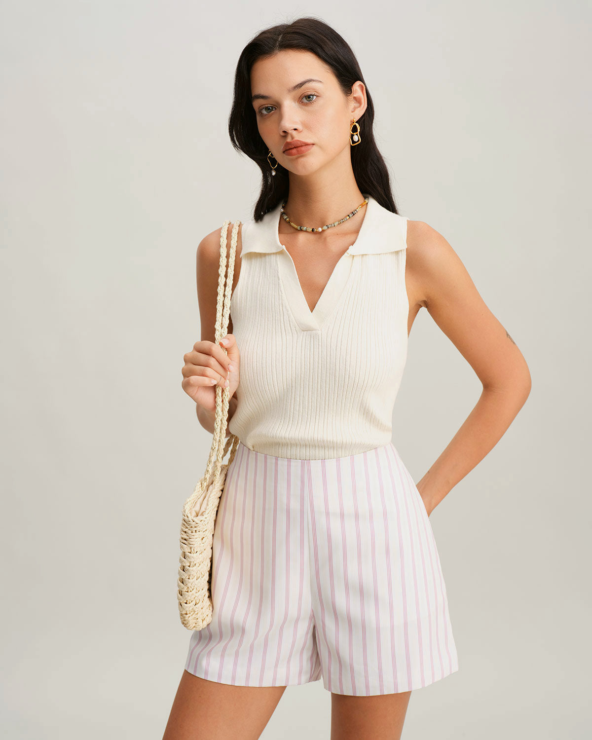 Pembe Çizgili Cepli Şort