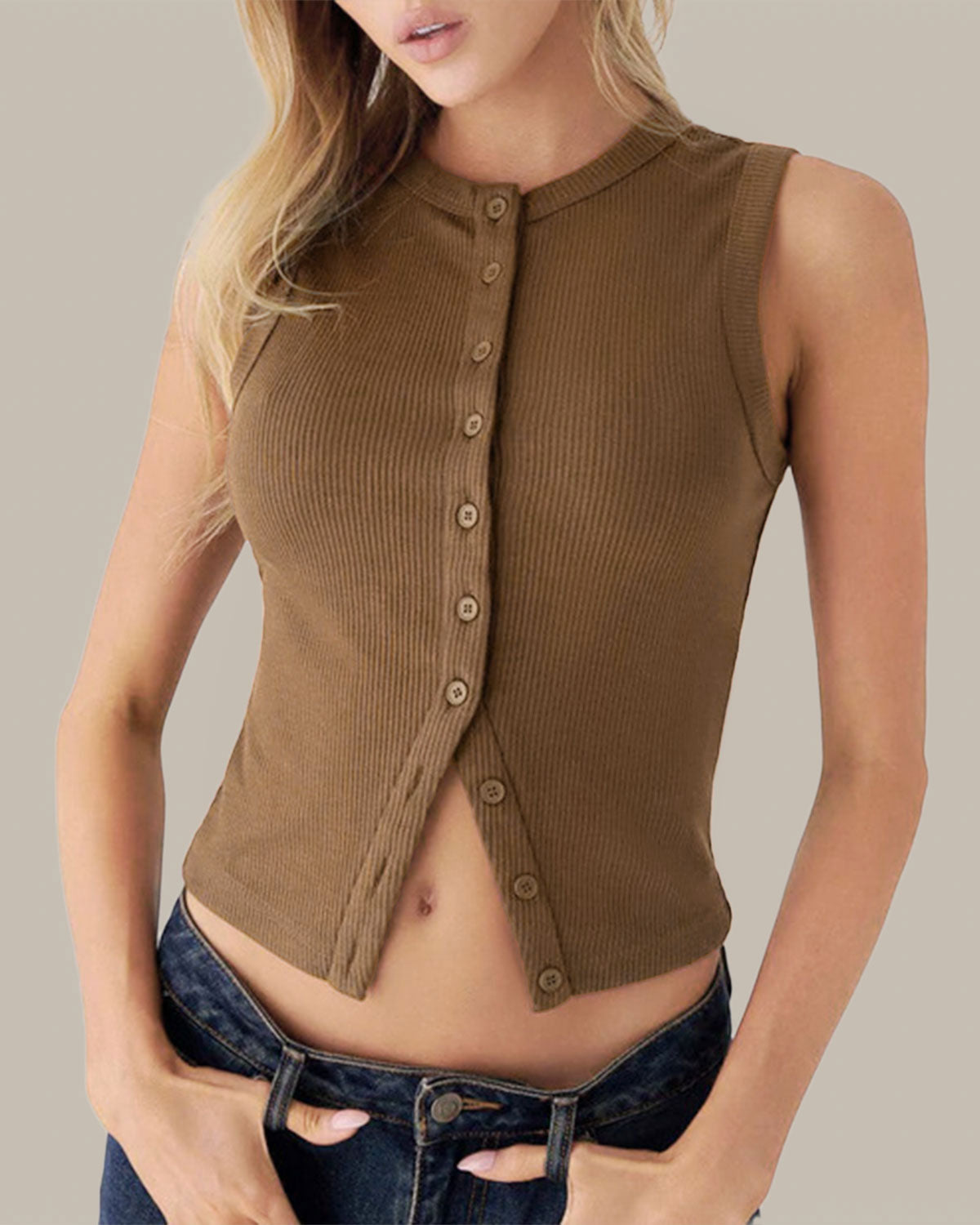 Kahve Yuvarlak Yaka Örgü Atlet