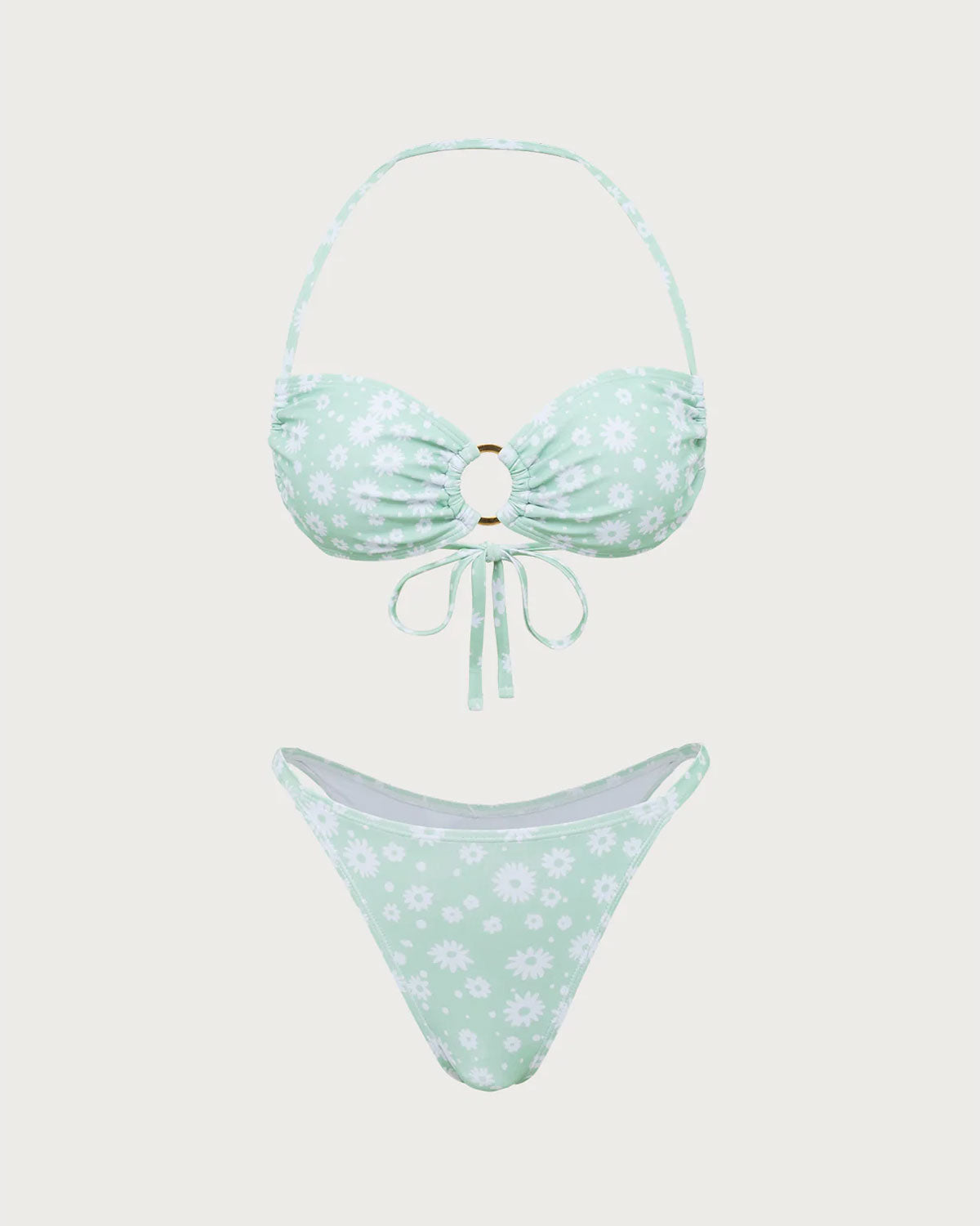 Yeşil Çiçekli O-Ringli Halter Bikini Seti