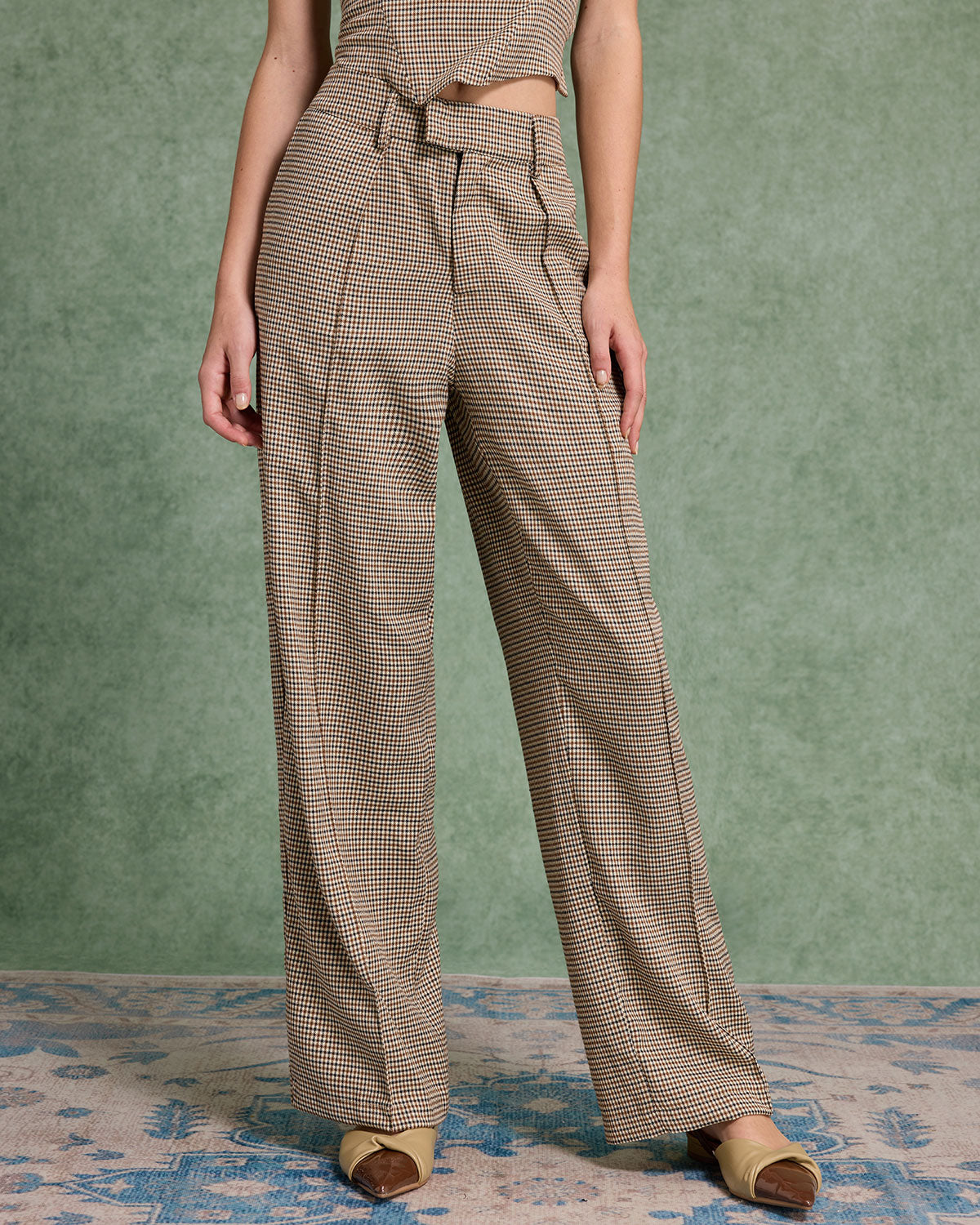 Kahverengi Kareli Düz Pantolon