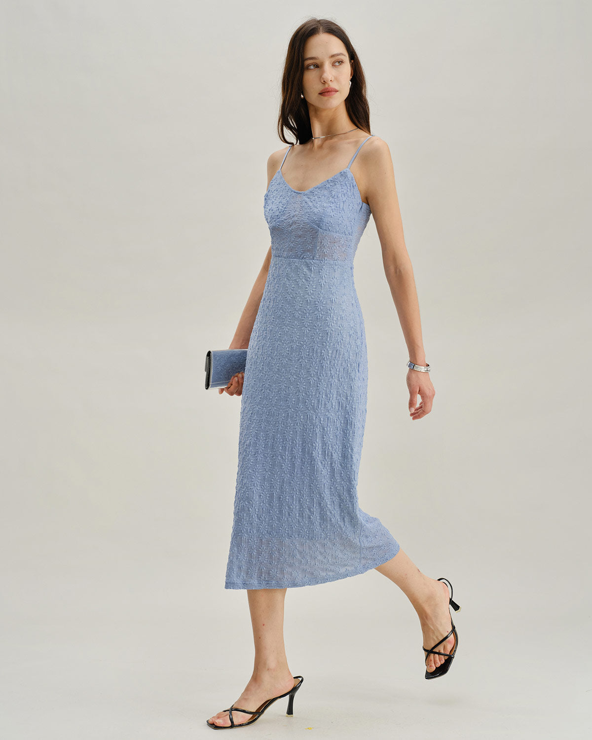 Mavi Dantel Slip Vücuda Oturan Midi Elbise