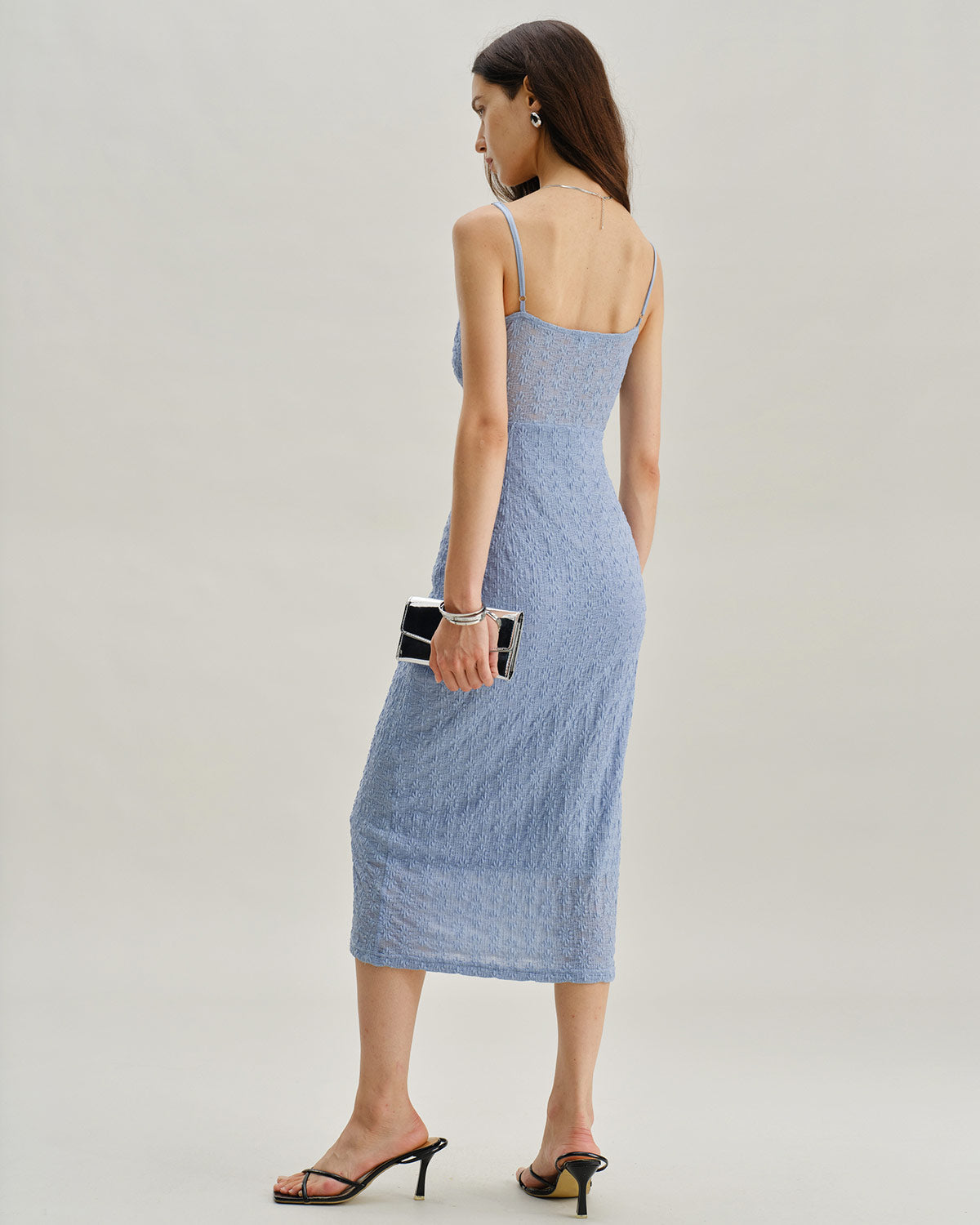 Mavi Dantel Slip Vücuda Oturan Midi Elbise