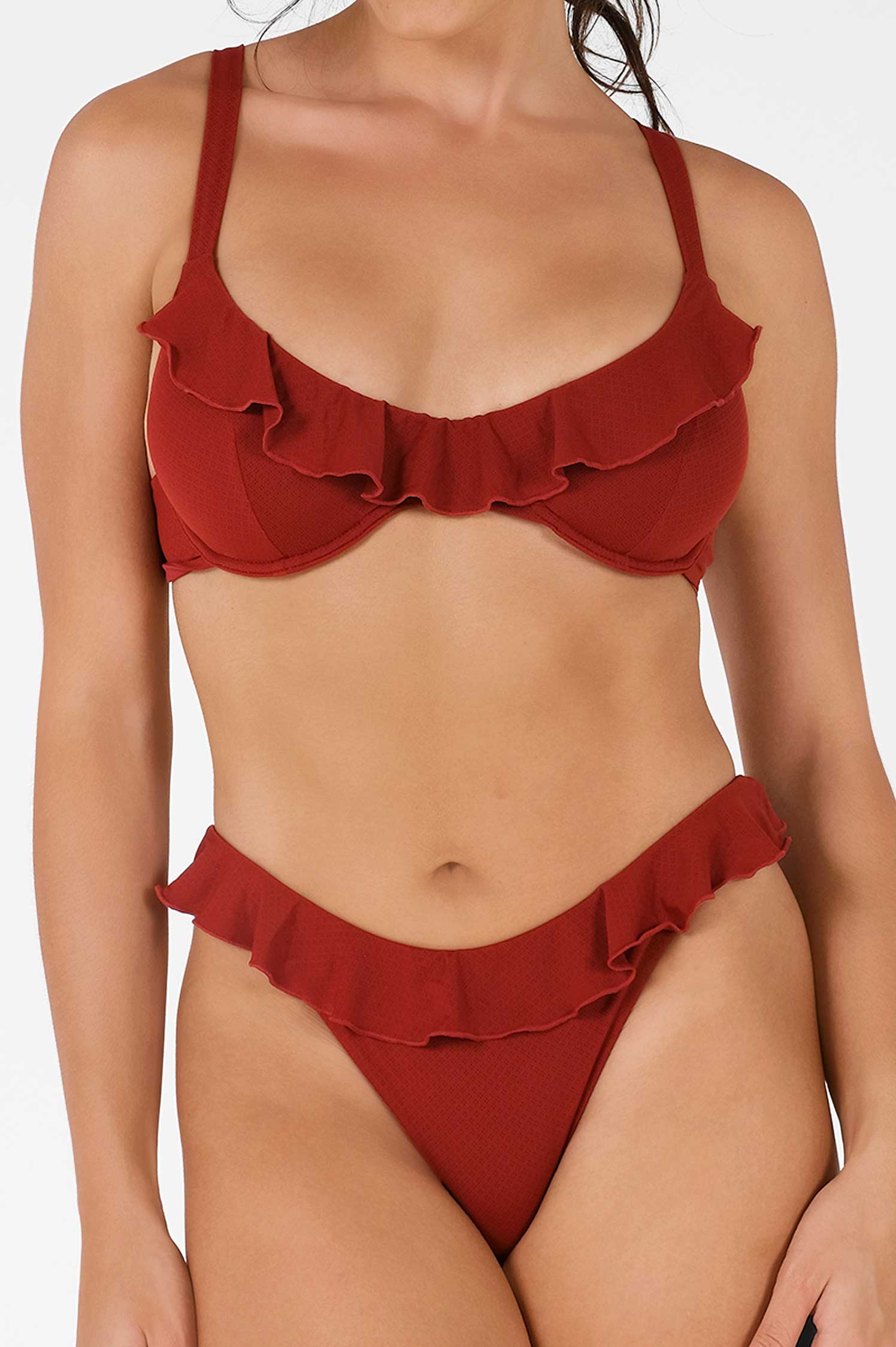 Makayla Fırfırlı Destekli Bikini Üstü / Kiraz Şarabı Noktalı