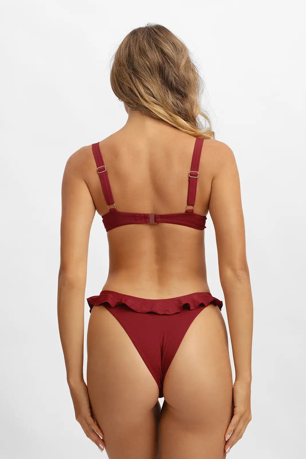 Makayla Fırfırlı Destekli Bikini Üstü / Kiraz Şarabı Noktalı
