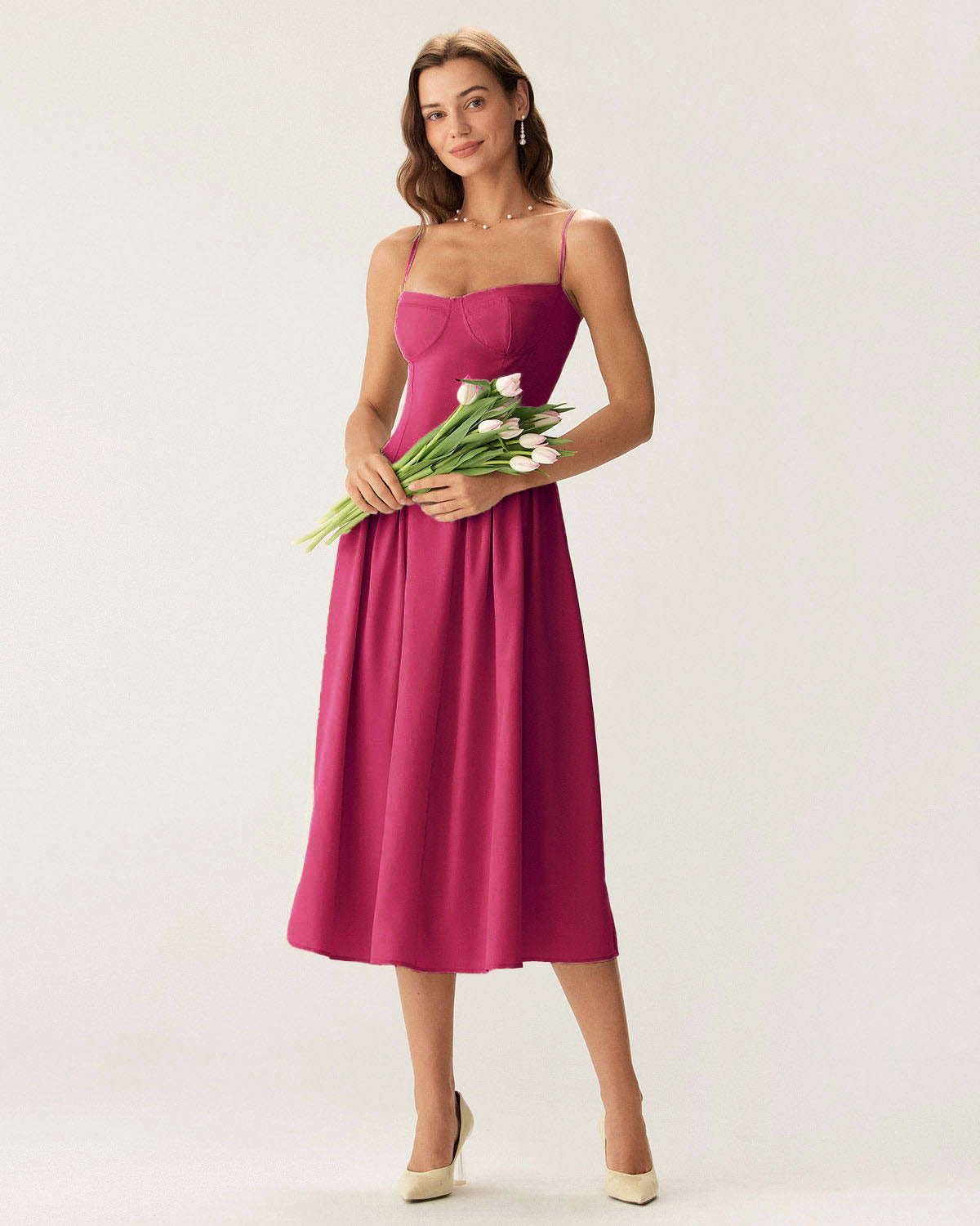 Şarap Kırmızısı Kare Yaka Cepli Slip Midi Elbise