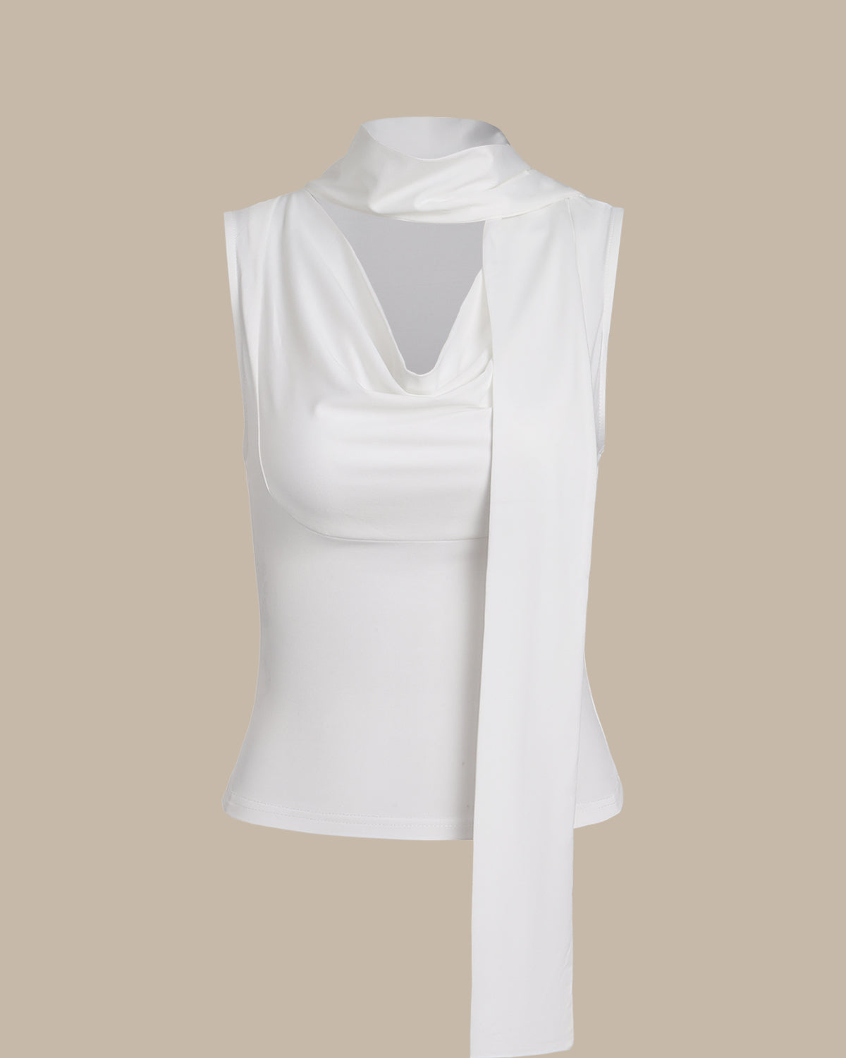 Beyaz Kapşonlu Yakalı Büzgülü Tank Top