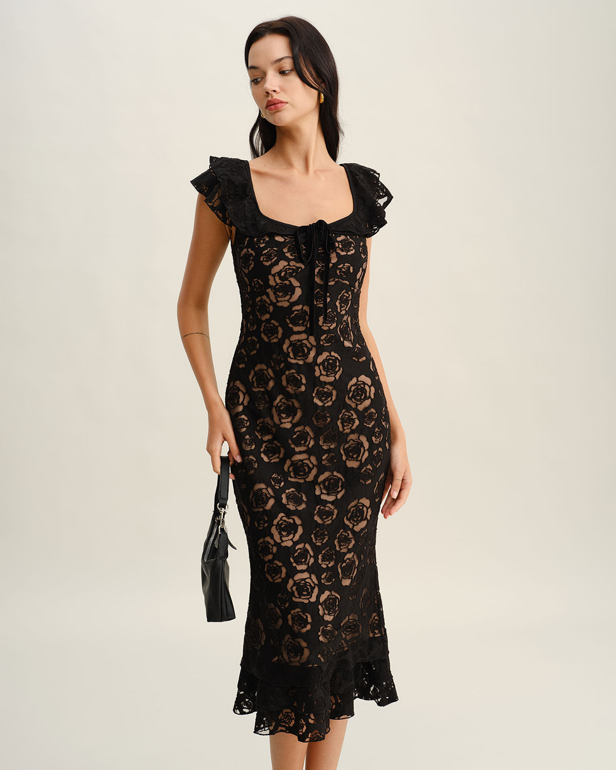 Dokulu Volanlı Midi Elbise