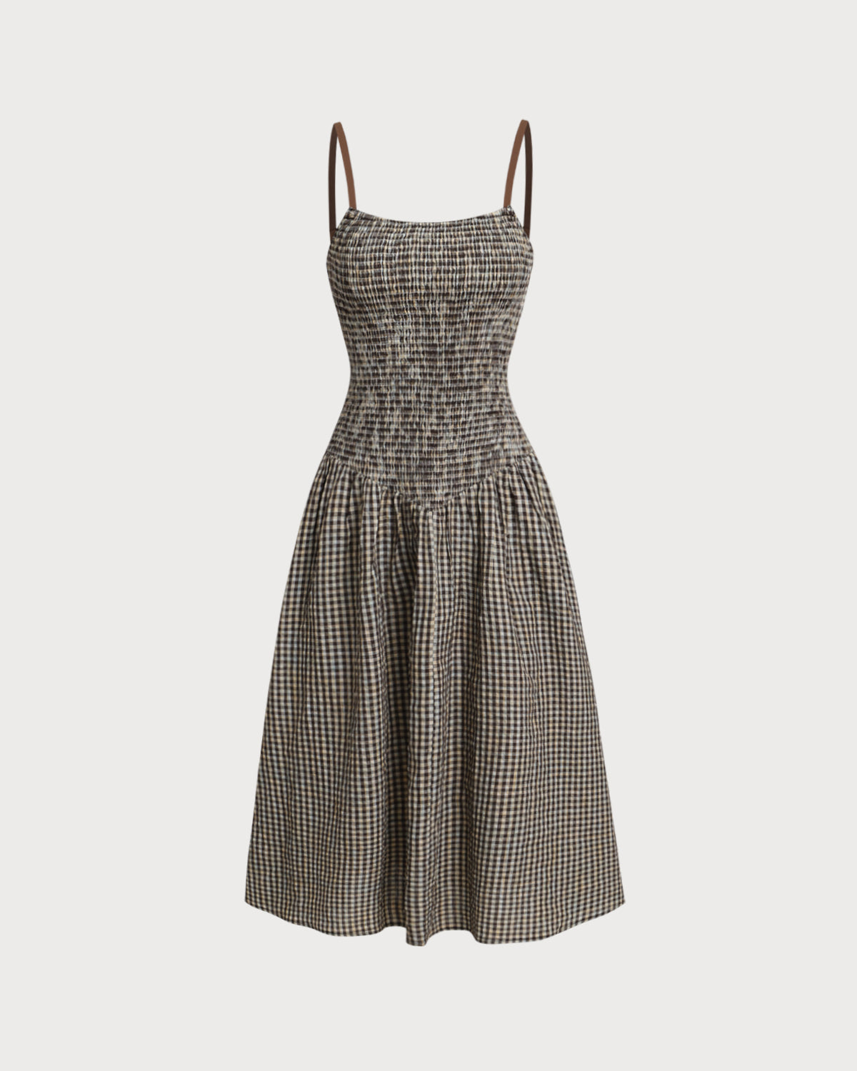 Kahverengi Ekose Büzgülü Slip Midi Elbise