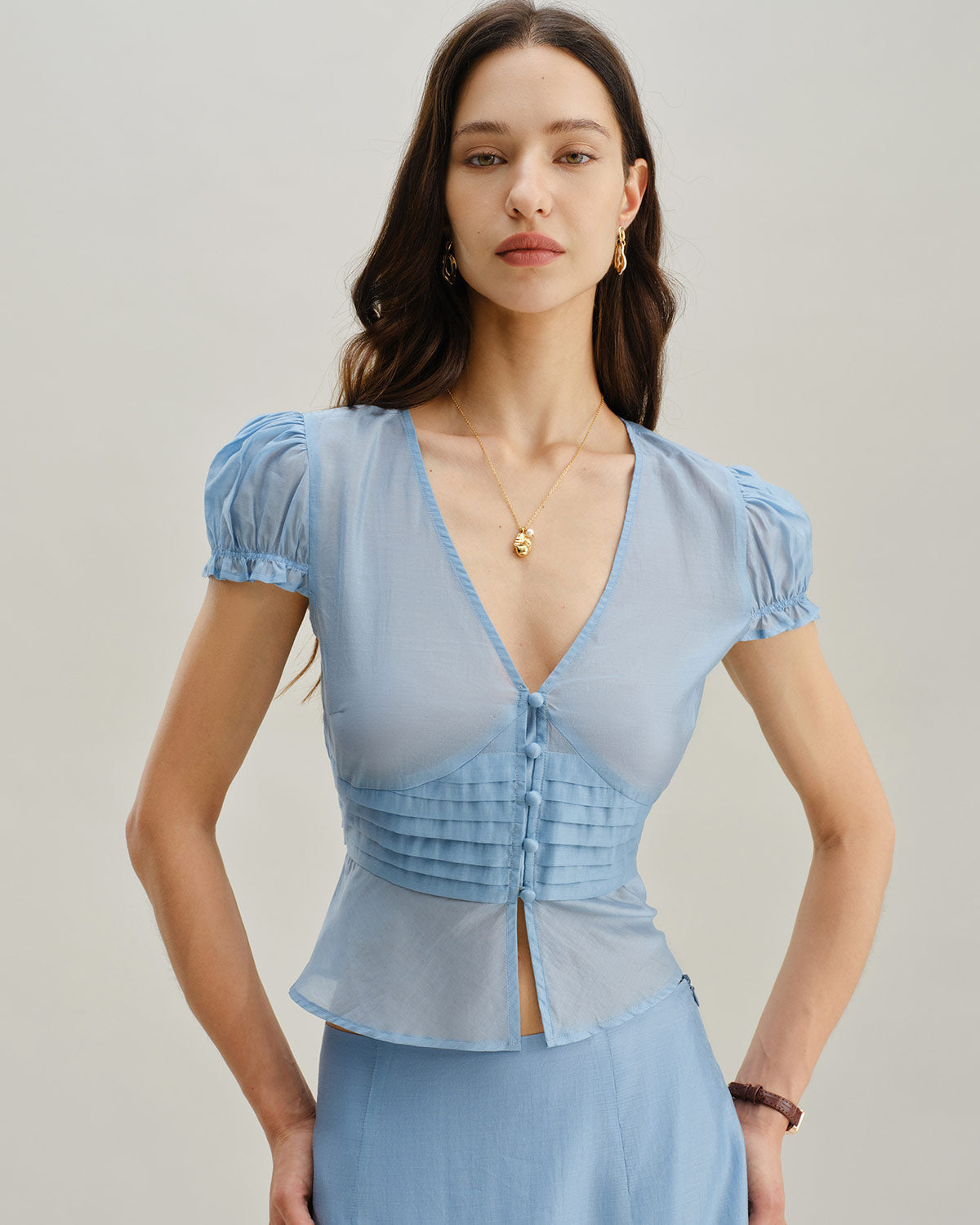 Mavi Derin V Yaka Kısa Kollu Bluz