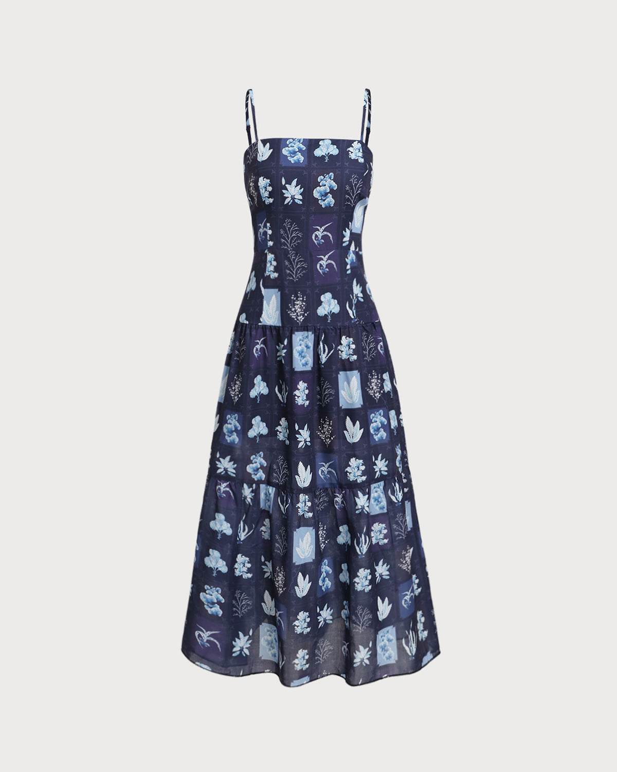 Mavi Çiçekli Kıvrımlı Bohem Slip Maksi Elbise