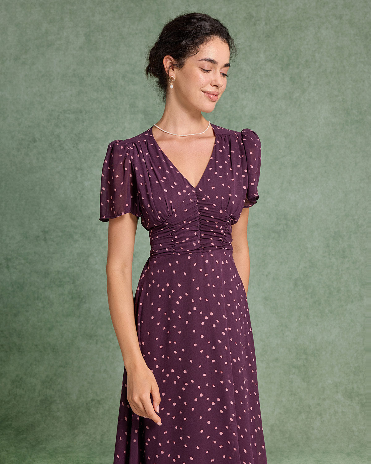 Mor Puantiyeli V Yaka Maksi Elbise