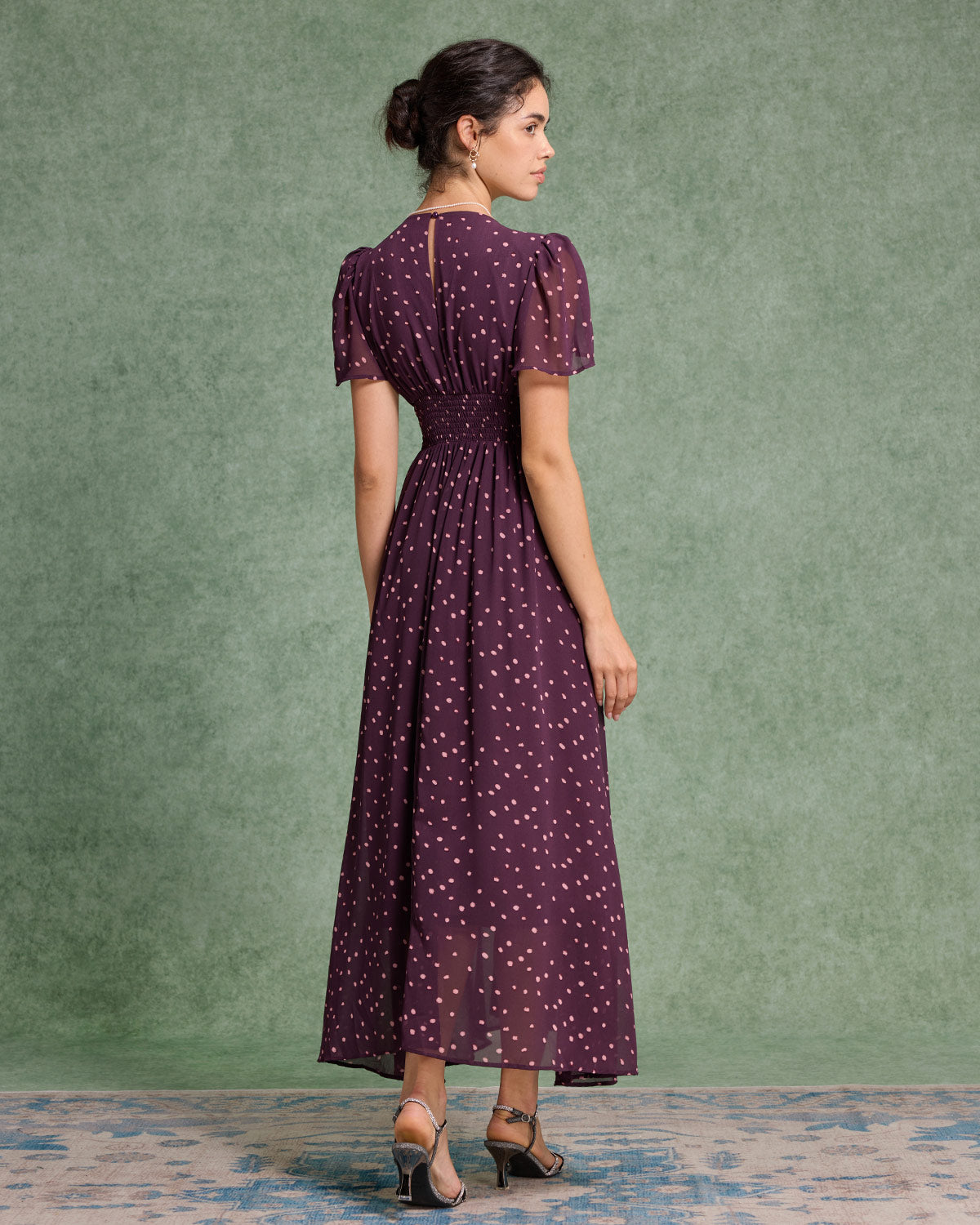Mor Puantiyeli V Yaka Maksi Elbise