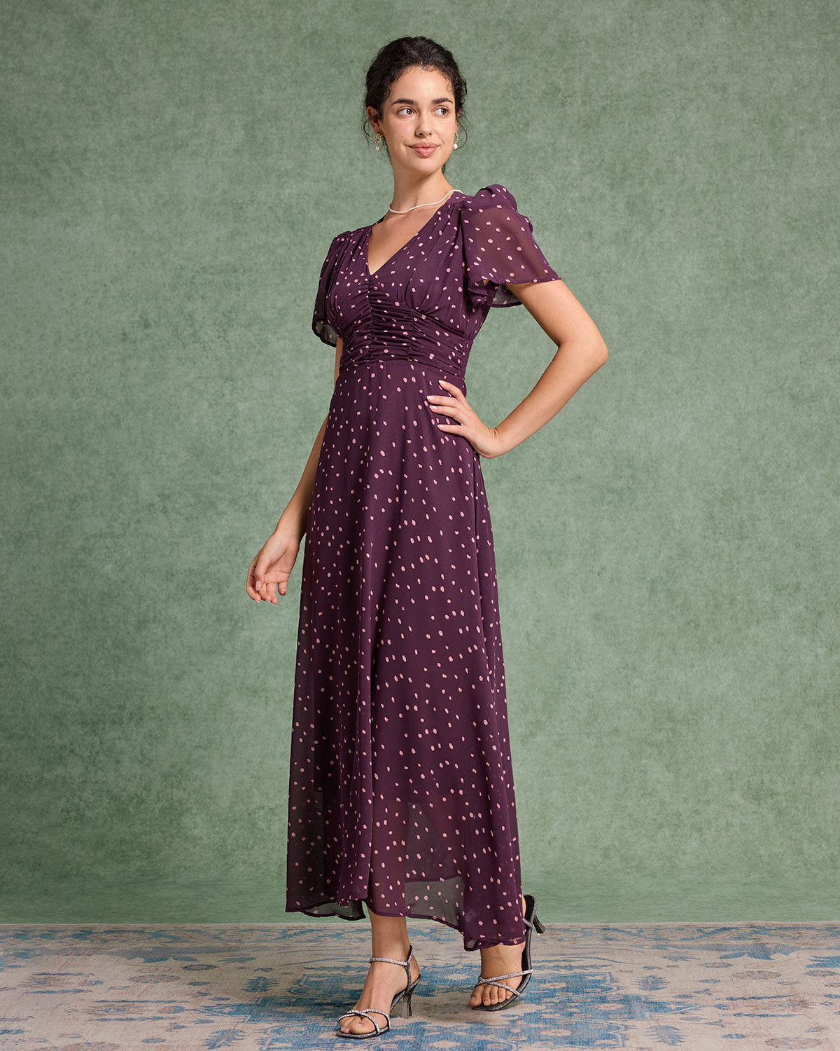 Mor Puantiyeli V Yaka Maksi Elbise