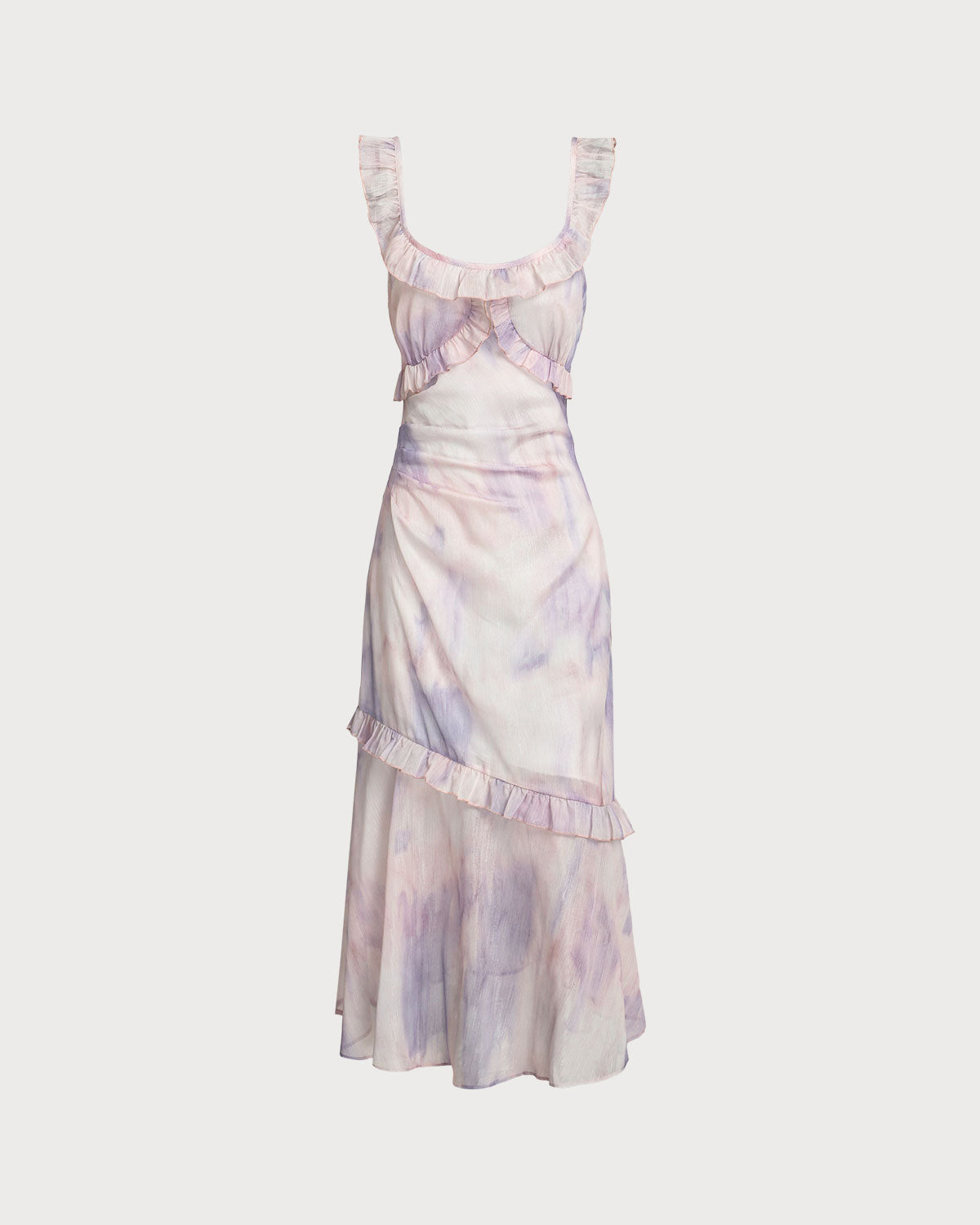 Mor Çiçekli U Yaka Volanlı Midi Elbise