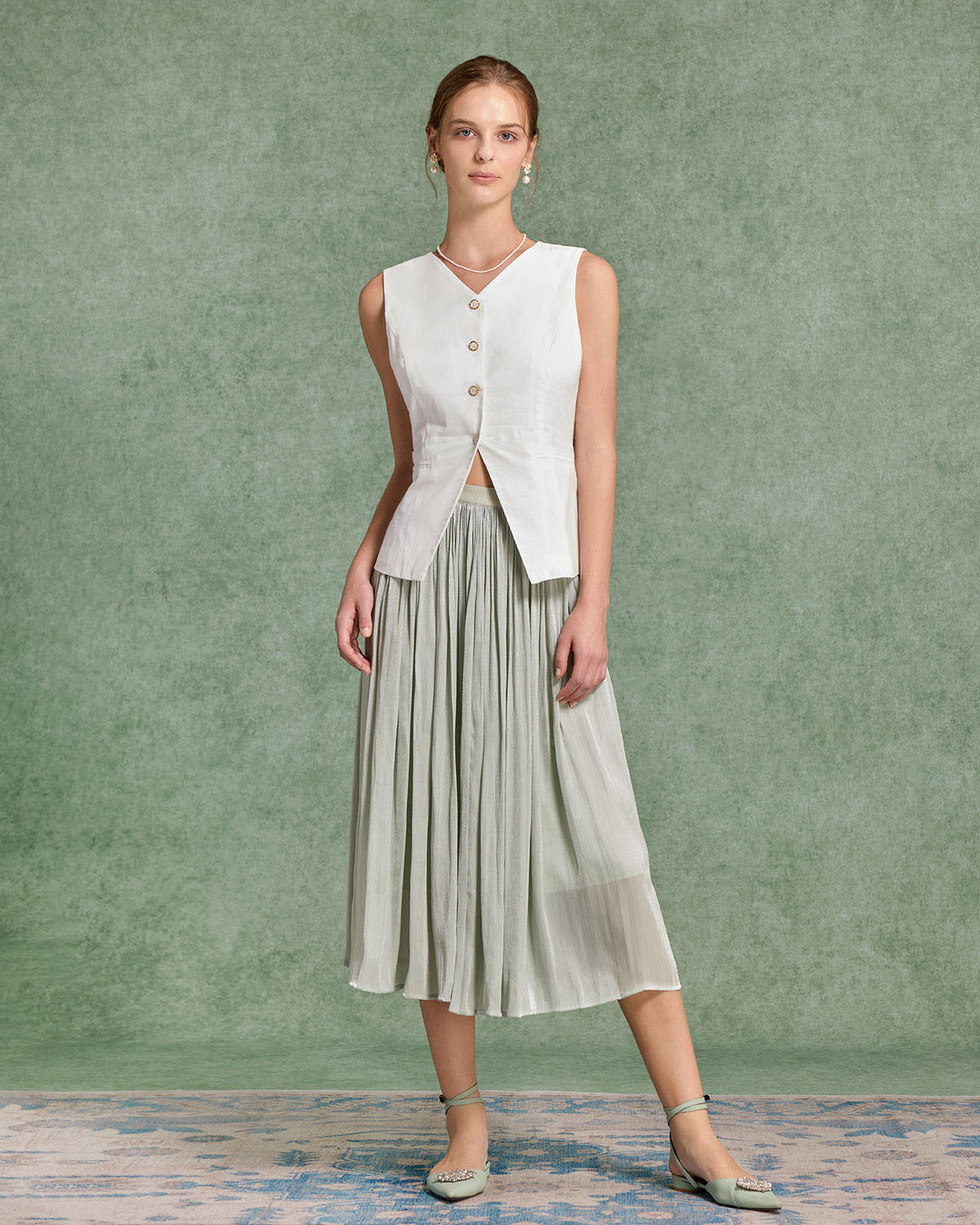 Yeşil Uçuşan Pileli Midi Etek