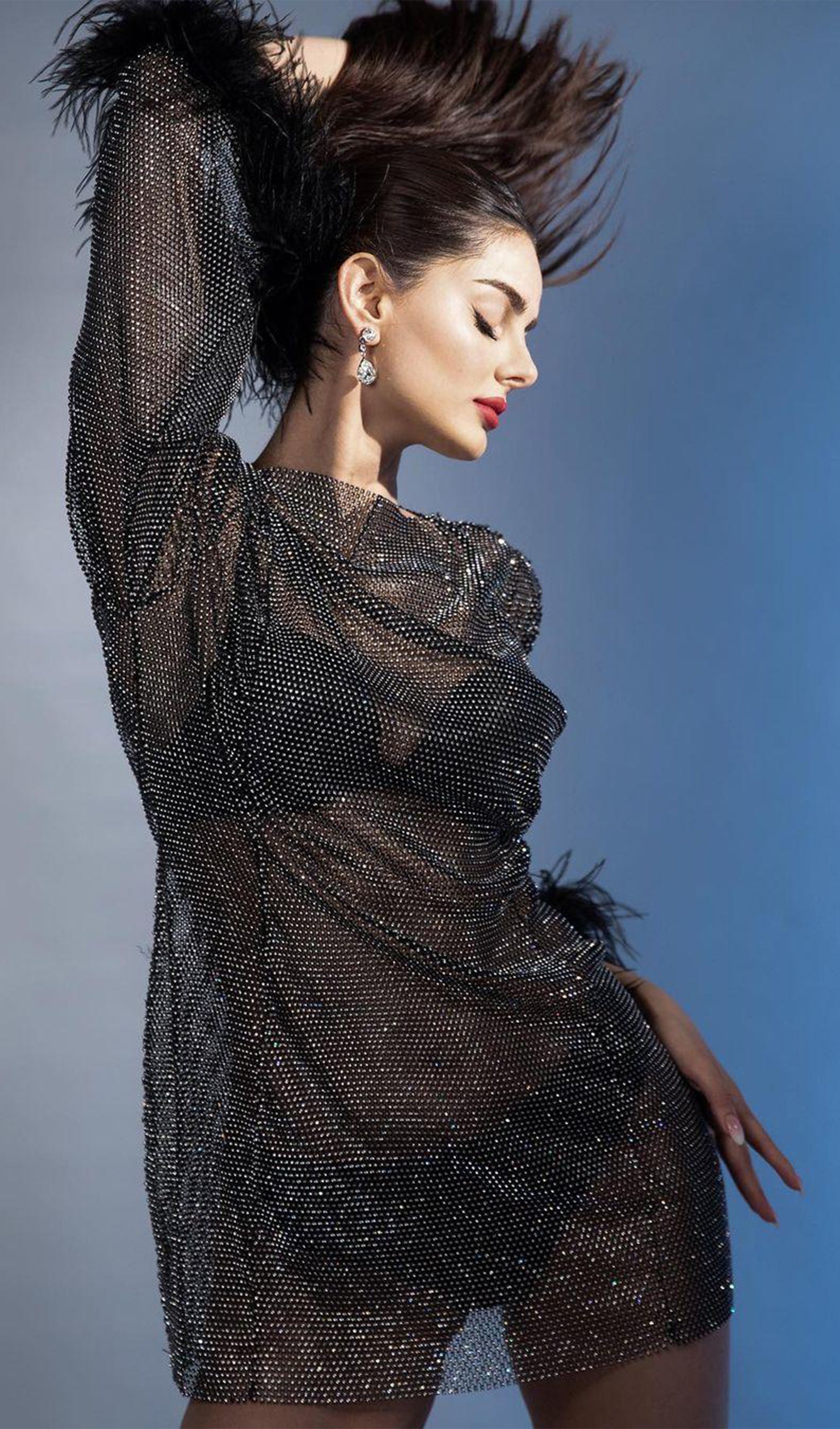 Şeffaf Taşlı Mini Elbise