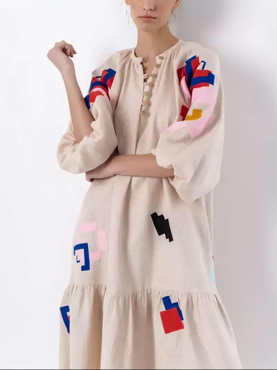 Yuvarlak Yaka Geometrik Desenli Bol Midi Elbise