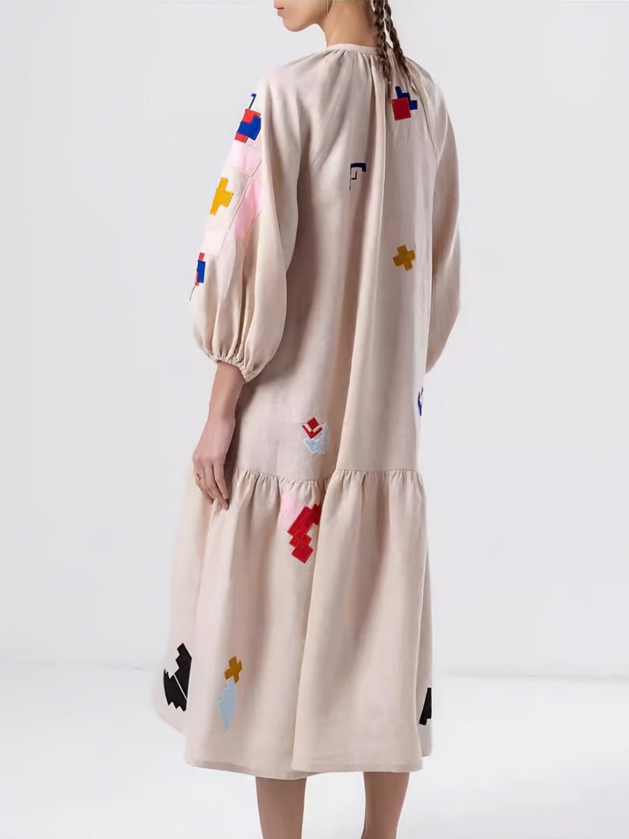 Yuvarlak Yaka Geometrik Desenli Bol Midi Elbise