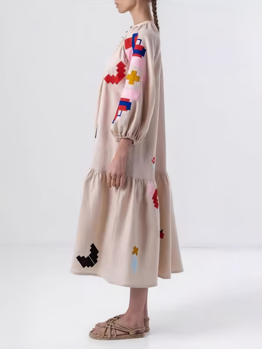 Yuvarlak Yaka Geometrik Desenli Bol Midi Elbise