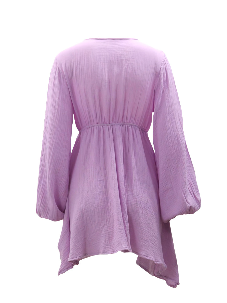 Kemersiz V Yaka Fener Kollu Mini Elbise