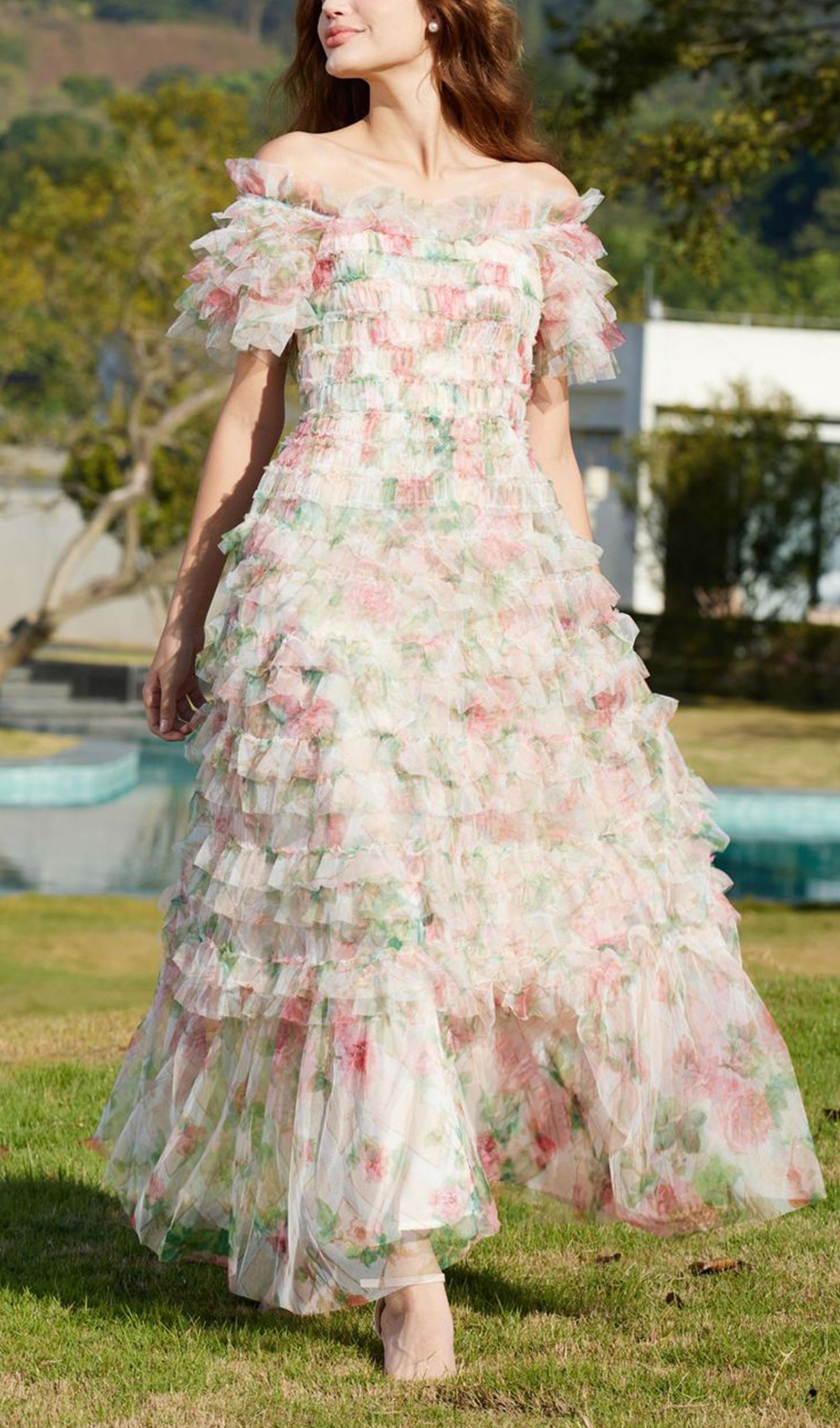 Omuz Açık Çiçekli Volanlı File Uzun Elbise