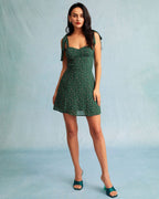 Yeşil Kalp Yaka Çiçek Slip Mini Elbise