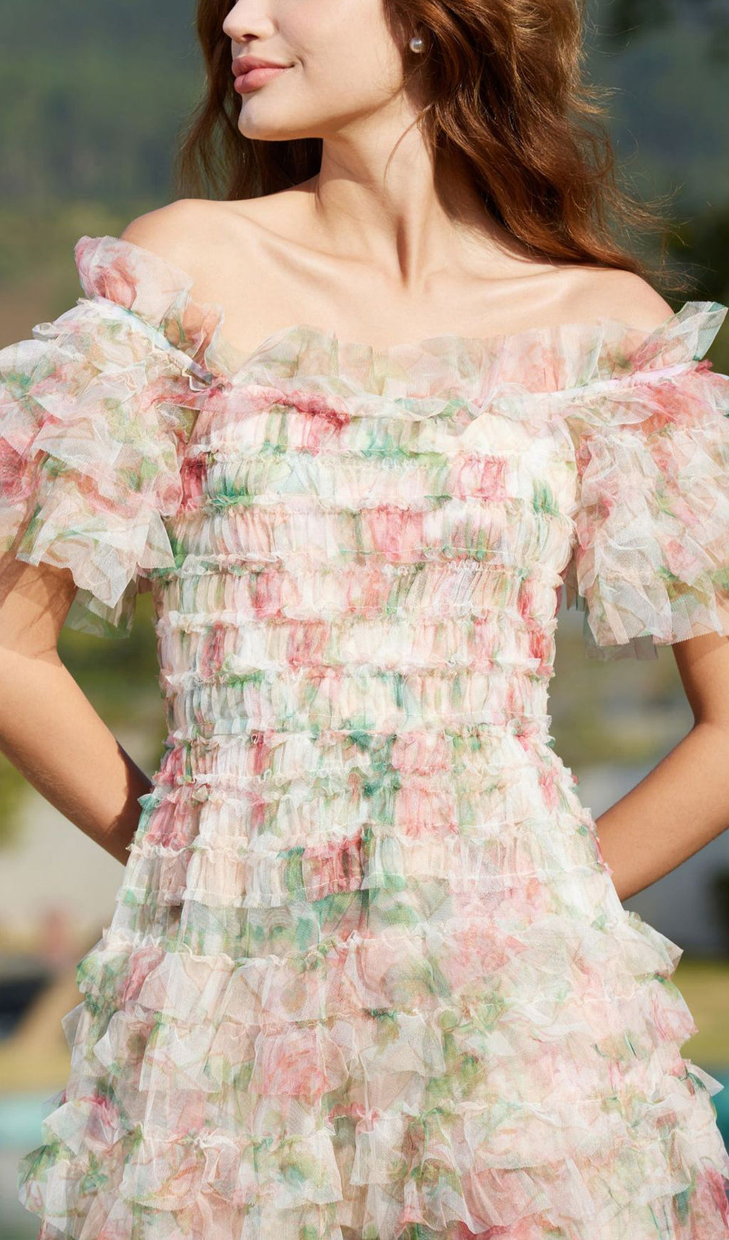 Omuz Açık Çiçekli Volanlı File Uzun Elbise