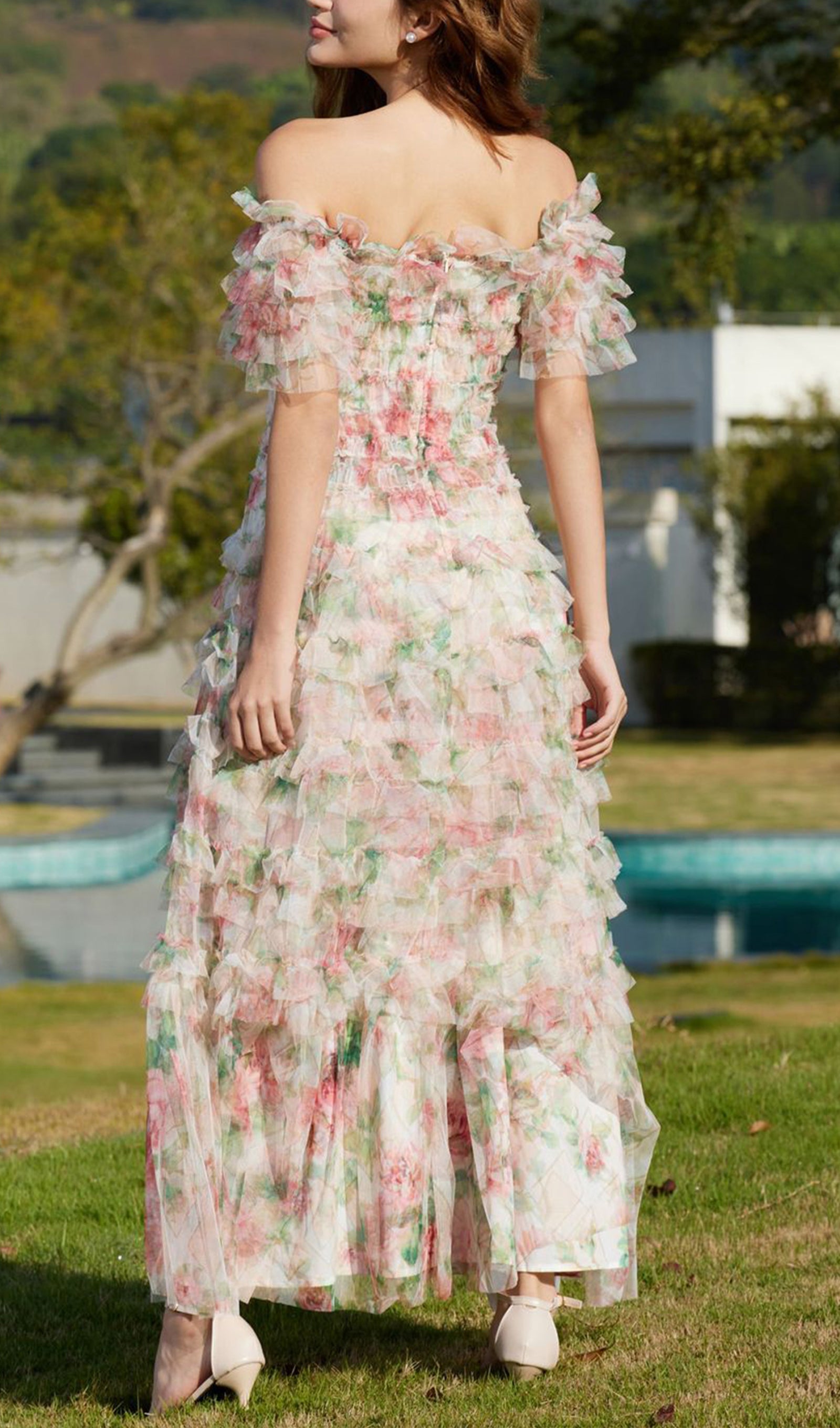 Omuz Açık Çiçekli Volanlı File Uzun Elbise