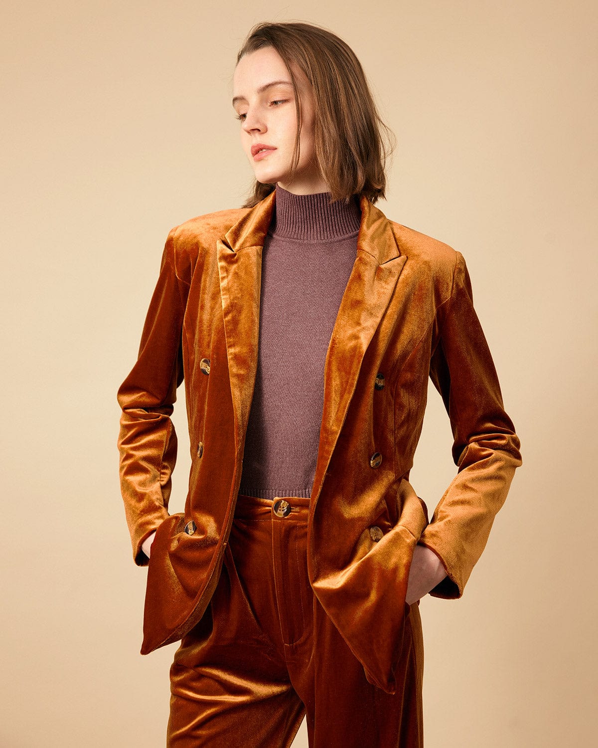 Yakalı Kruvaze Kadife Blazer