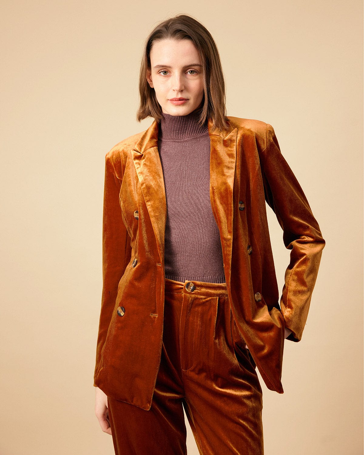 Yakalı Kruvaze Kadife Blazer