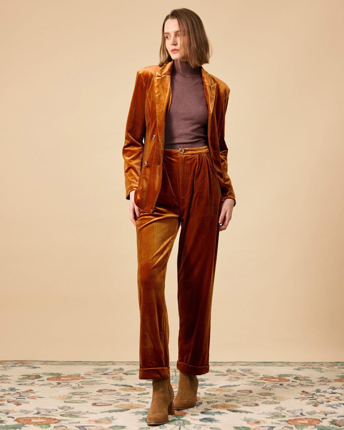 Yakalı Kruvaze Kadife Blazer