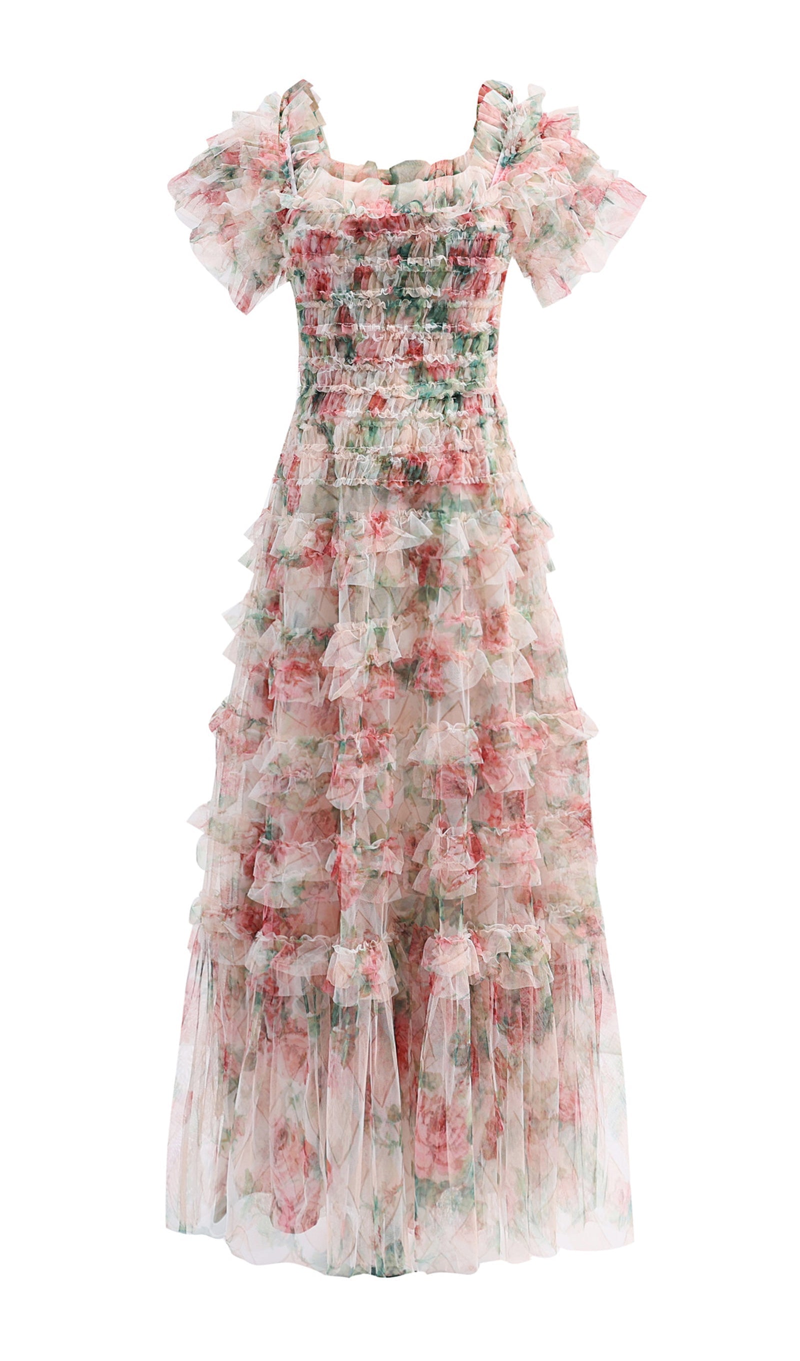 Omuz Açık Çiçekli Volanlı File Uzun Elbise