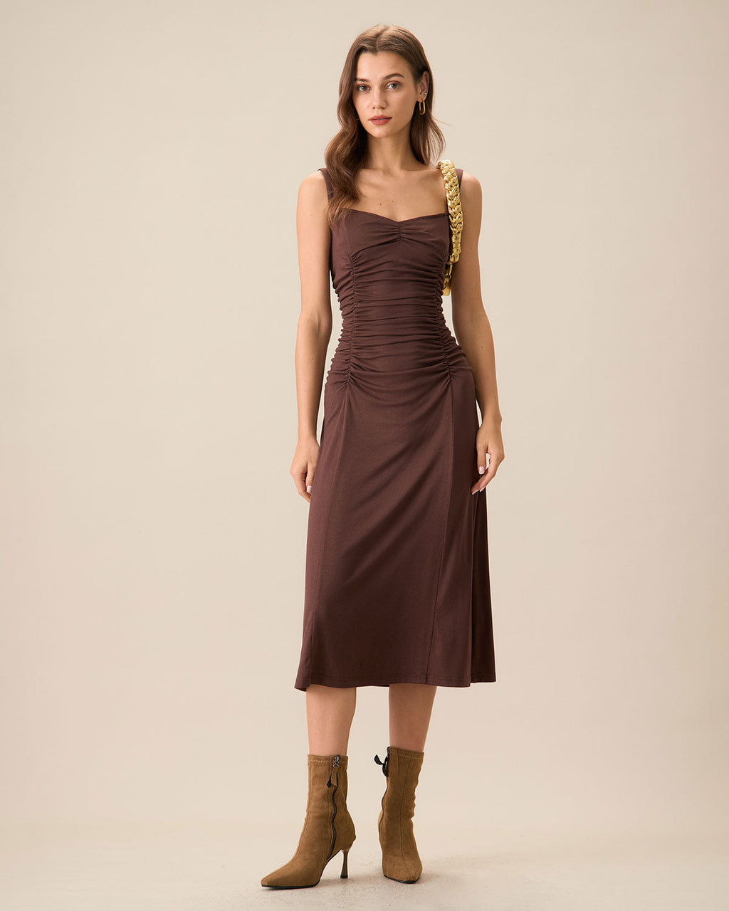 Kadın Kahve Dantelli Örme Slip Midi Elbise