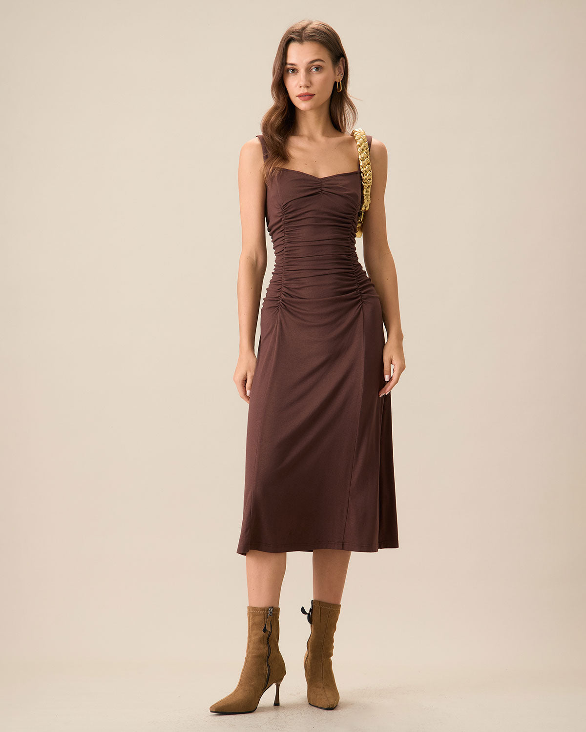Kadın Kahve Dantelli Örme Slip Midi Elbise
