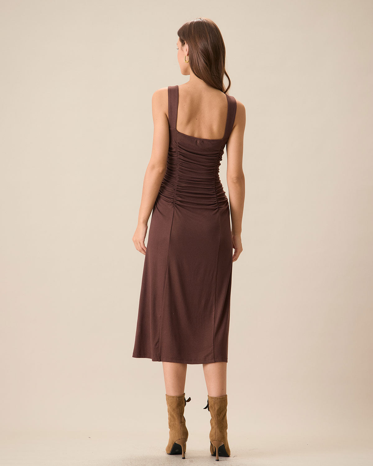 Kadın Kahve Dantelli Örme Slip Midi Elbise