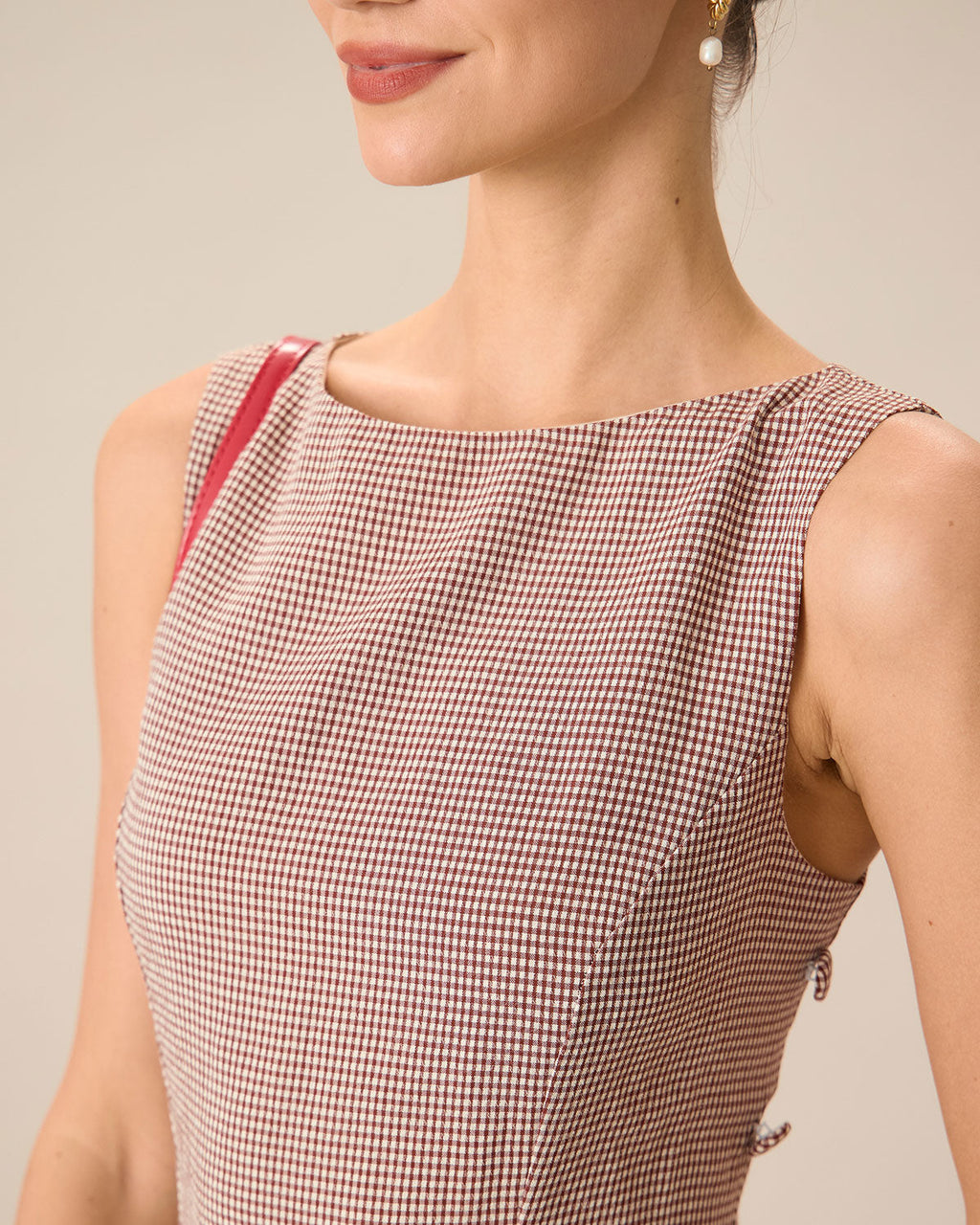 Kadın Kayık Yaka Kahverengi Ekose Mini Elbise