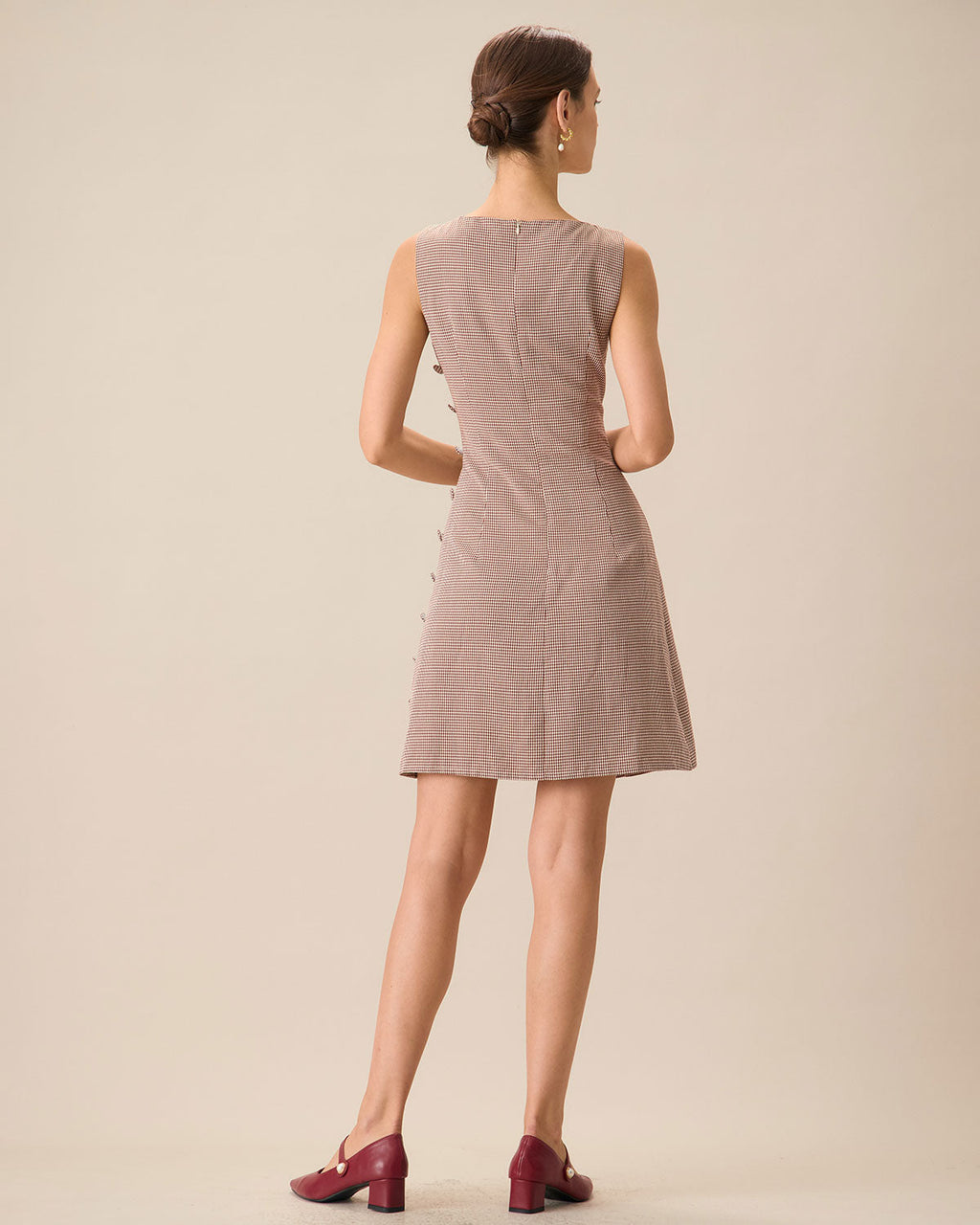 Kadın Kayık Yaka Kahverengi Ekose Mini Elbise