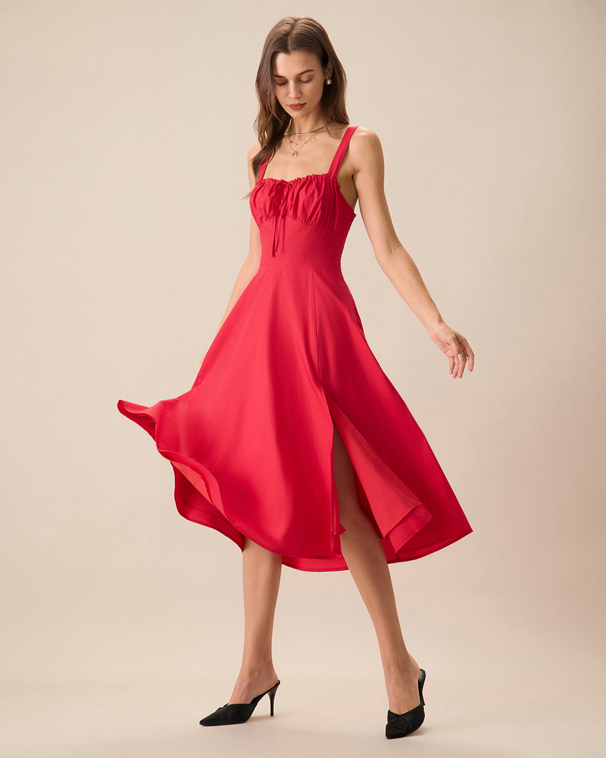 Kadın Kırmızı Kare Yaka Dantelli Slip Midi Elbise