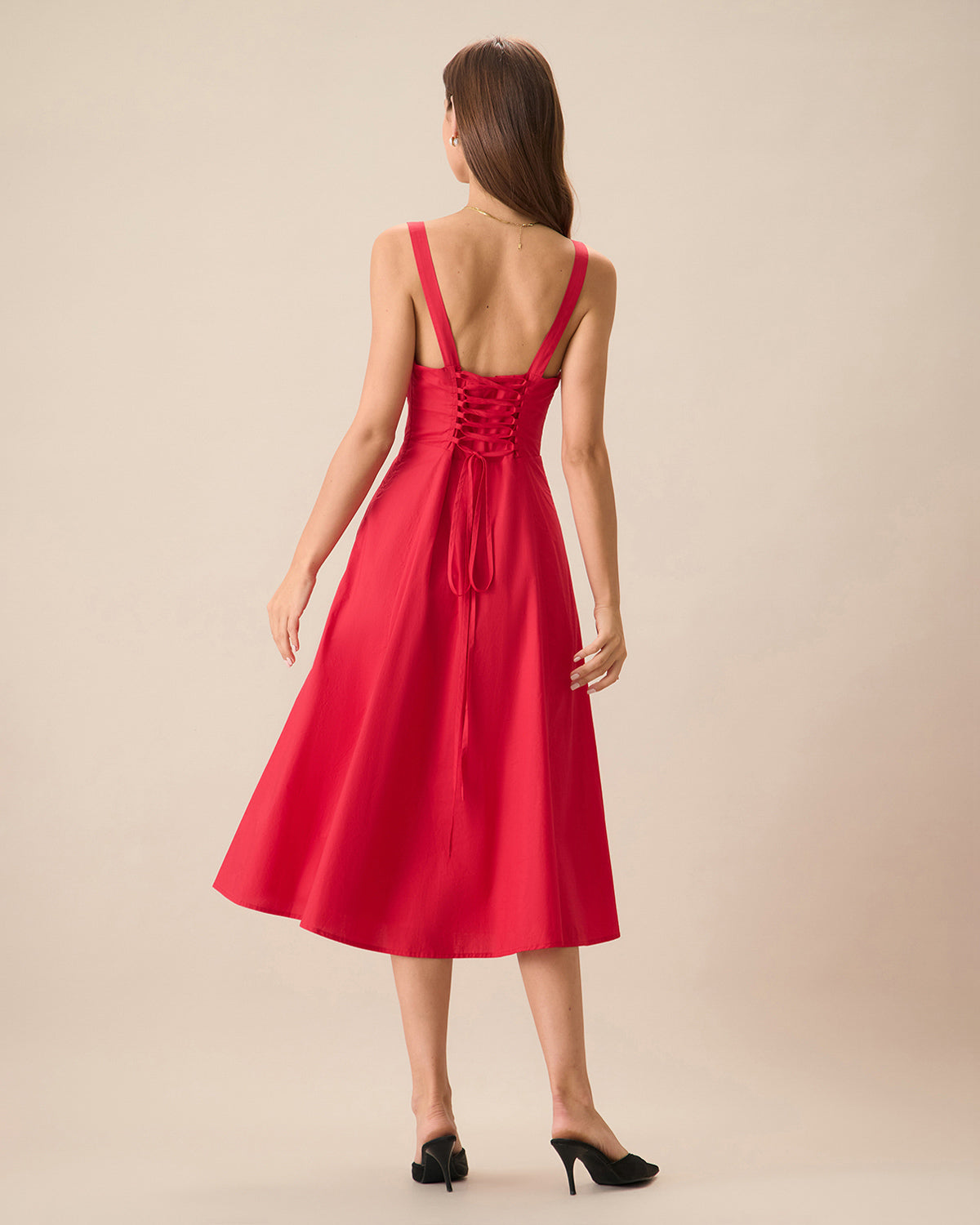 Kadın Kırmızı Kare Yaka Dantelli Slip Midi Elbise