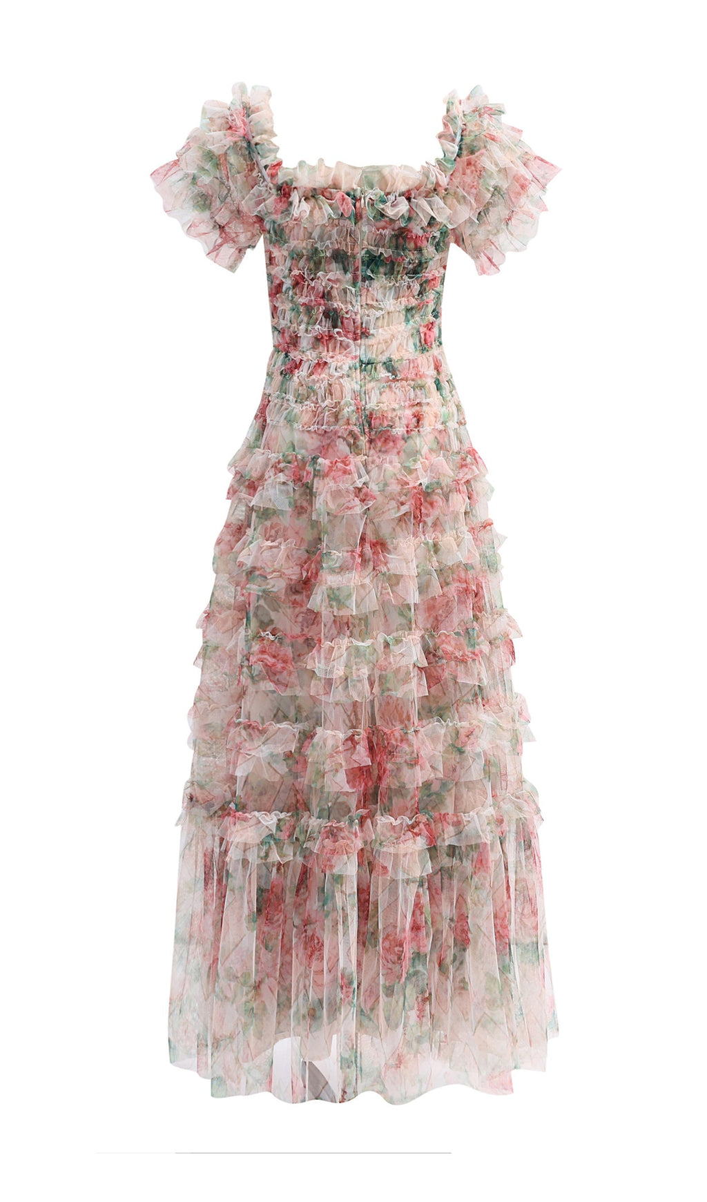 Omuz Açık Çiçekli Volanlı File Uzun Elbise