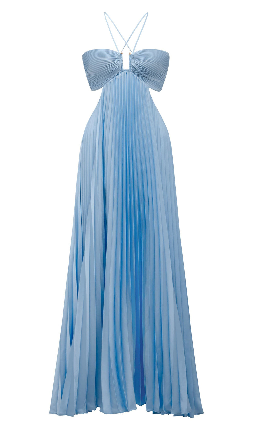 Düz Kesimli Bağcıklı Plisse Uzun Elbise