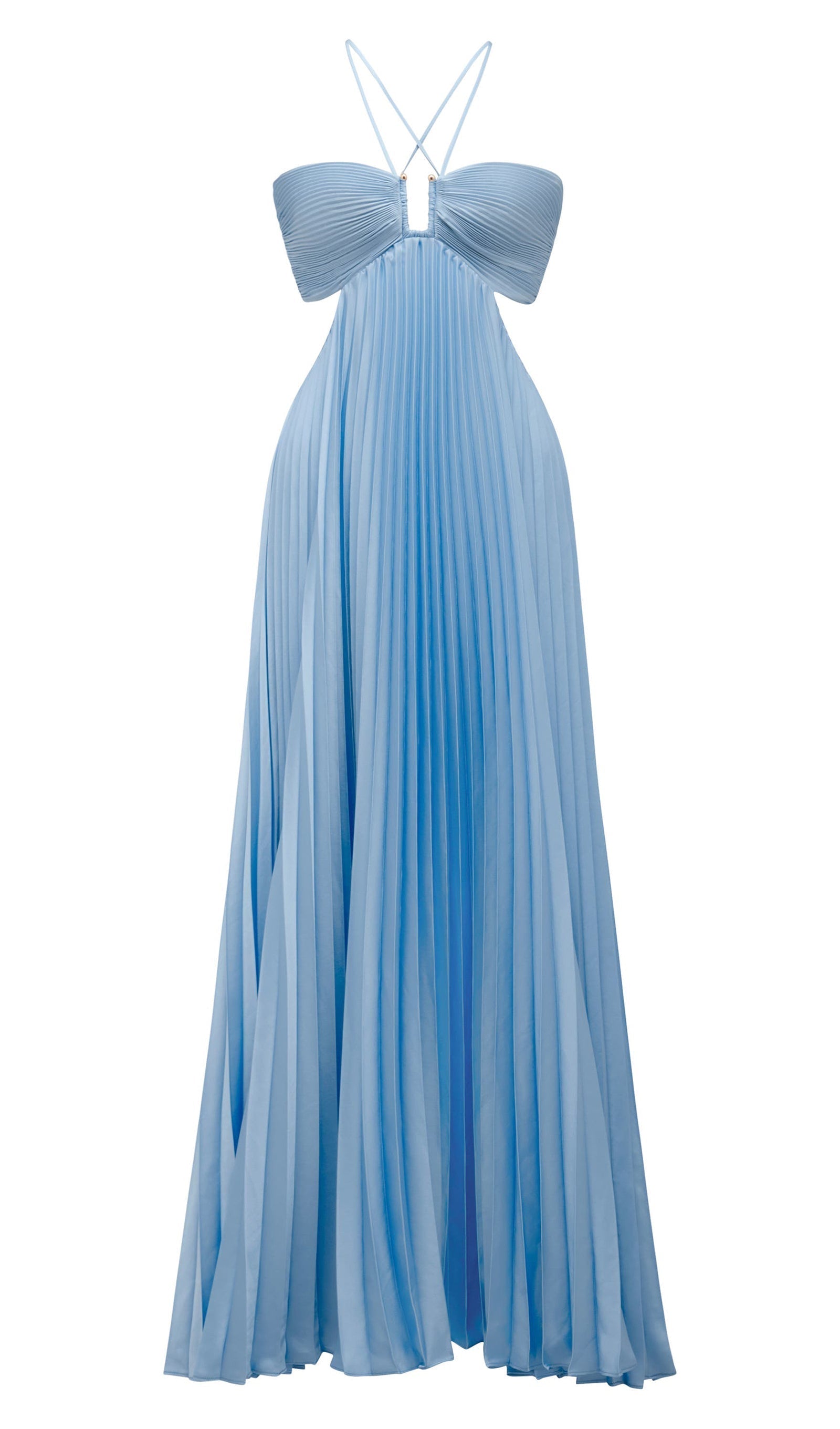 Düz Kesimli Bağcıklı Plisse Uzun Elbise