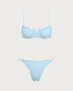 Mavi Fırfırlı Çiçek Balenli Bikini Takımı