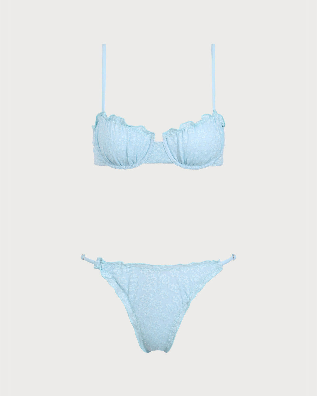 Mavi Fırfırlı Çiçek Balenli Bikini Takımı