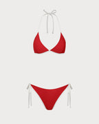 Kırmızı Kontrastlı Boyundan Bağlamalı Üçgen Bikini Takımı