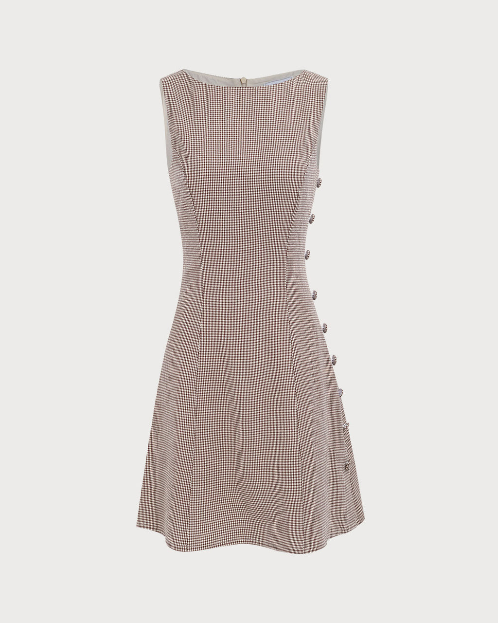 Kadın Kayık Yaka Kahverengi Ekose Mini Elbise