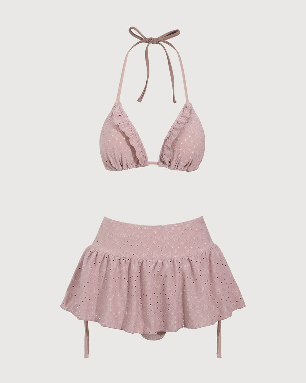 Pembe Fırfırlı Büzgülü Bikini Üçlü Takım