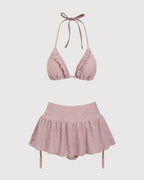 Pembe Fırfırlı Büzgülü Bikini Üçlü Takım