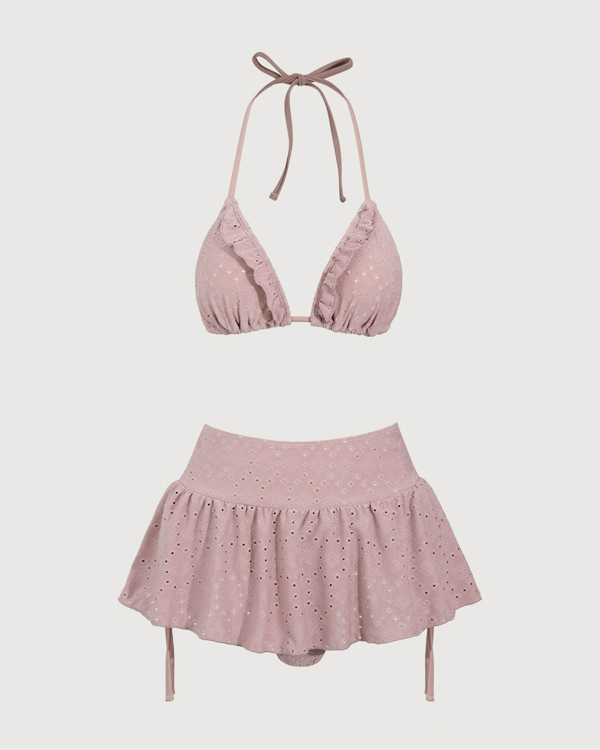 Pembe Fırfırlı Büzgülü Bikini Üçlü Takım